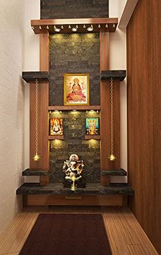 an entry way with shelves and lights on the wall, along with a small buddha statue