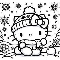 hello kitty sitting in the snow with her hat on