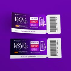 two purple and white tickets with barcodes on the front one is for easter festival