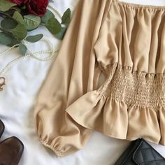 Fitted Beige Chiffon Blouse, Chiffon Beach Blouse For Fall, Non-stretch Beige Blouse For Summer, Chiffon Long Sleeve Tops For Day Out, Fitted Chiffon Top For Day Out, Casual Beige Blouse For Party, Chiffon Long Sleeve Tops For Vacation, Long Sleeve Chiffon Top For Vacation, Fitted Chiffon Blouse For Beach