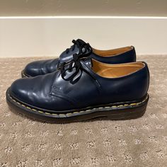 My Grandma Gave Me Her Vintage Collection Of Docs To Help Sell! These Fit Me Perfectly And I Am A U.S. Women’s 8.5 Or Eu 39 Blue Leather Closed Toe Oxfords, Classic Blue Slip-on Oxfords, Classic Blue Leather Lace-up Shoes, Blue Leather Lace-up Shoes With Textured Sole, Blue Low-top Dress Shoes With Branded Insole, Blue Closed Toe Dress Shoes With Brogue Detailing, Blue Brogue Dress Shoes Closed Toe, Blue Lace-up Leather Shoes With Textured Sole, Classic Blue Closed Toe Dress Shoes