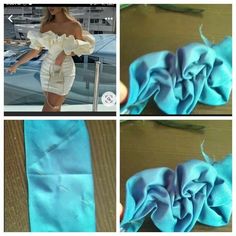 three pictures showing different ways to sew a dress with fabric and sewing tips on it