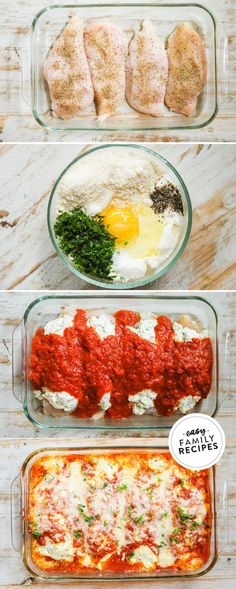 four glass containers filled with different types of food