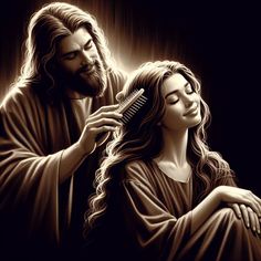 jesus combs the hair of a young woman in black and white, with light shining on her