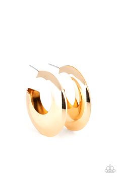 Two flat gold crescent frames delicately connect into a hollowed out hoop for a dramatic finish. Earring attaches to a standard post fitting. Hoop measures approximately 2 3/4"" in diameter.

 Sold as one pair of hoop earrings. Paparazzi Earrings, Paparazzi Accessories Jewelry, Sparkle Fashion, Thick Hoop Earrings, Feeling Pretty, Accessories Gold, Fashion Influencer, Chandelier Style, Gold Halo