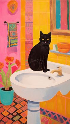 a painting of a black cat sitting on a bathroom sink