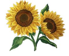 two yellow sunflowers with green leaves are shown in this embroidery pattern on a white background