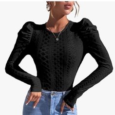 - Soft, Stretchy And Breathable Fabric - Classic Crew Neck, Unique Pointelle Eyelet Design - Slim Fitted - Dressy Blouse For Spring And Fall. - Casual And Elegant Blouse, Pairs Perfectly With Jeans, Skinny Pants, Skirts, Sneakers Or Heels For A Trendy And Flattering Look Black V-neck Puff Sleeve Top For Fall, Black Puff Sleeve Tops For Winter, Black Lantern Sleeve Tops For Winter, Chic Fitted Textured Knit Blouse, Fitted Puff Sleeve Tops For Winter, Fitted Black Textured Knit Top, Fitted Winter Tops With Puff Sleeves, Winter Fitted Tops With Puff Sleeves, Fitted Knit Long Sleeve Blouse