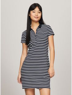 Tommy Hilfiger women's dress. Everything you love about our form fitting polos (the precise cut, flattering drape) now in a dress. Styled in bold stripes and spun from stretch cotton for the perfect contouring fit.  Material: 97% Regenerative Cotton, 3% Elastane. Classic Striped Cotton Dress, Tommy Hilfiger Store, Bold Stripes, Tommy Hilfiger Women, Polo Dress, Lei, Stretch Cotton, Clothes For Sale, Tshirt Dress