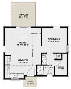 the floor plan for a two bedroom house with an attached bathroom and living room area