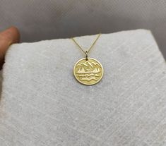 "Mountain Necklace - Engraved Wanderlust Charm - Gold Mountain Charm - Gold Mountain Pendant ▪️ A beautiful and clean engraved Mountain pendant made out of 14K Solid Real Gold. Available only in yellow gold! Dimensions - Small - 13x13mm / 0.51 x 0.51 inches Medium - 14x14mm / 0.55 x 0.55 inches Big - 15x15mm / 0.59 x 0.59 inches Necklace Length - You can choose your chain length from 35CM to 50CM. The pendant is available alone without a chain, select \"No Chain\" on the necklace length section. Mountain Pendant, Wanderlust Necklace, Gold Mountain, Lion Pendant, Mountain Necklace, Family Tree Necklace, Fine Gold Jewelry, Nature Life, Tree Necklace