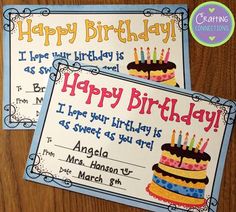 two birthday cards with the words happy birthday on them