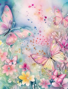 some pink butterflies are flying in the sky and colorful watercolor paint is on the wall