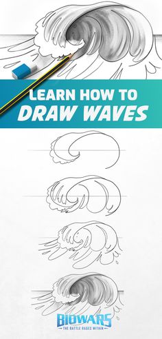 A collage of images depicting hte process of wave drawing. Wave Sketch Pencil, Ocean Waves Drawing Pencil, Drawing Waves Ocean, How To Draw Waves Step By Step, How To Draw Ocean Waves, Water Wave Drawing, How To Draw Waves Easy, Ocean Waves Drawing Simple