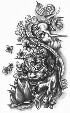 a drawing of a demon with flowers and butterflies on it's back, in black ink