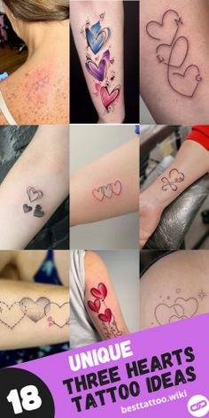 there are many different tattoos on this woman's arm and back, with the text unique three hearts tattoo ideas