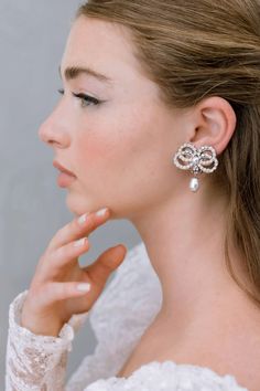 Our Delicacy earrings are subtly luxurious and distinctively feminine. They are embellished with clear and ivory cream crystals, and off-white pearls. Contemporary Bride, Maria Elena, Bridal Event, Modern Bride, Classy Women, Divine Feminine, Bridal Accessories, Bridal Style, Pearl White