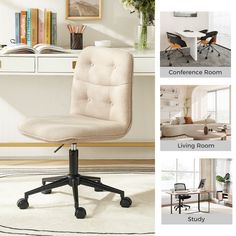 an office chair is shown with four different types of chairs in the room and on the floor