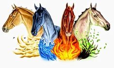 three horses are standing in front of each other with flames coming out of their heads