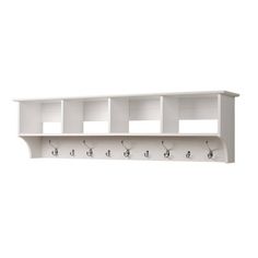 a white wall mounted shelf with five hooks and two shelves on each side, one is empty