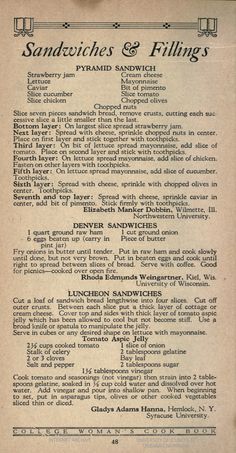 an old menu for sandwiches and fillings