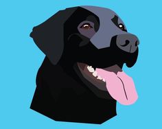 a black dog with its tongue out and his tongue hanging out, against a blue background