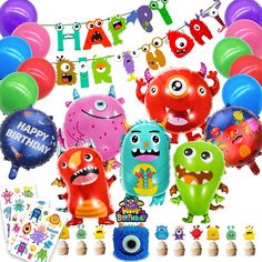 an assortment of birthday balloons and decorations for a kids's monster themed birthday party