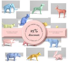 paper animals are shown in different colors and sizes, with the text 40 % discount for all