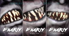 three movie posters with scary teeth and fangs