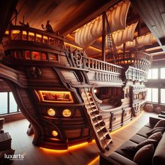 a living room filled with furniture and a large wooden ship