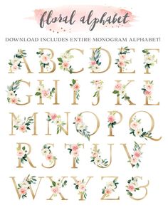 the floral alphabet is shown in gold, pink and white flowers with green leaves on them