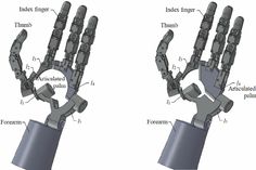 two views of a robotic hand and the parts shown below