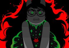 a drawing of a woman with green eyes and black hair, sitting in front of red flames