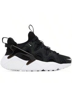 Nike 
Black & White Air Huarache Craft Sneakers 
Low-top paneled bonded jersey and mesh sneakers in black and white. Rubberized and padded felted trim throughout. 
. Swoosh bonded at round toe and outer side 
. Lace-up closure 
. Perforated detailing at vamp 
. Pull-loop at padded tongue and collar 
. Swoosh embossed at heel counter 
. Bonded jersey lining in pink 
. Textured foam rubber midsole 
. Treaded rubber outsole 
Please note that this item may be shipped only within North America. 
Supp Black Huraches, Black Low-top Huaraches For Sports, Sporty White Nike Huaraches, Black Slip-on Huarache Sandals With Woven Sole, Sporty Low-top Running Huaraches, Huarache Nike, Casual Athletic Shoes, Mesh Sneakers, Air Huarache