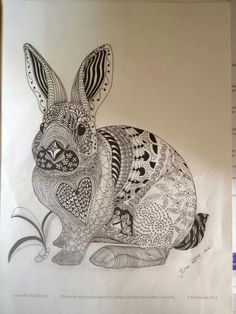 a black and white drawing of a rabbit with patterns on it's back legs