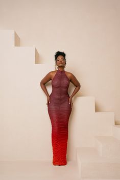 DAWN RUCHED HALTER MAXI DRESS Beyonce Red Dress, Casual Long Dresses For Women, Photoshoot With Dress Ideas, Punta Cana Outfits Black Women, Bali Wedding Guest Outfit, Boat Dinner, Nude Mesh Dress, Aje Dress, Birthday Outfit Ideas For Women