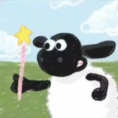 a black and white sheep holding a wand