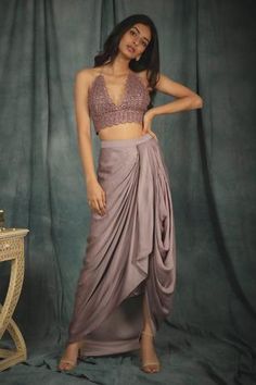 Shop for Nikita Vishakha Purple Modal Satin Crochet Bralette And Cowl Skirt Set for Women Online at Aza Fashions Cowl Skirt, Sheer Jacket, Anamika Khanna, Cowl Dress, Traditional Indian Dress, Cocktail Outfit, Crochet Bralette, Purple Skirt, Draped Skirt