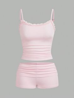 Women's Contrast Lace Summer Casual Cami Top And Shorts Pink Casual   Fabric Plain  Medium Stretch  Women Clothing, size features are:Bust: ,Length: ,Sleeve Length: Cute Pink Clothes, Pink Two Piece Outfit, Pink Pyjamas, Pijamas Women, Pink Clothes, Rose Bonbon, Pink Set, Pink Fits, Cute Pajamas