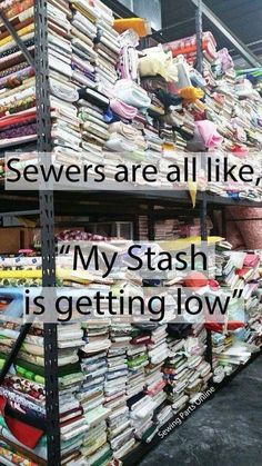 there are many stacks of books on the shelves in this store that says selves are all like, my stash is getting low