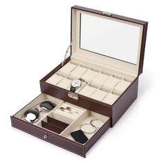 PRICES MAY VARY. 1. Size: 11.8"L x 7.9"W x 5.1"H.There is ample space between the lid and the cushion for different size watches (30mm-50mm) 2. Unique Design: Made of premium quality artificial leather and velvet, this mens watch organizer is exquisite, gorgeous and upscale. And it is easy to clean. You just need to wipe the display case organizer with cloth 3. Large Acrylic Lid: Your watches and jewlerys will be protected well from dust and scratching for the transparent acrylic cover. You will Mens Jewelry Box Storage Organizers, Mens Jewerly Storage, Man Jewelry Box Storage, Watch Storage In Wardrobe, Mens Jewelry Box Storage, Good Gifts For Parents, Jewelry Tray Organizer, Watch Organizer, Jewelry Display Box