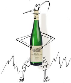 a drawing of a bottle of wine in front of a man holding it up with one hand