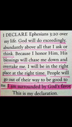 a poem written in pink and black with the words, i declare ephesians