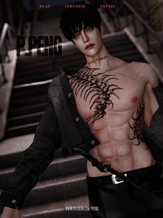 a man with tattoos on his chest standing in front of some stairs and holding a handbag