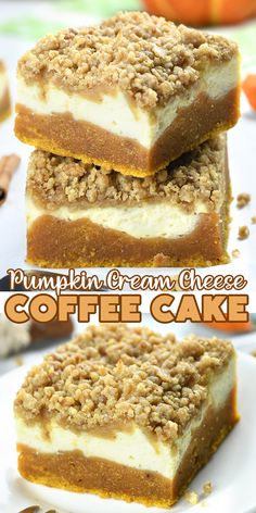 three pieces of pumpkin cream cheese coffee cake stacked on top of each other and topped with crumbs