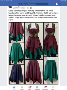 the dress is being displayed in several different pictures, including purple and green dresses with gold belt