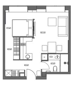 the floor plan for a small apartment with one bedroom and an attached living room area