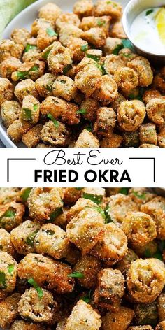 crispy fried okra on a plate with dipping sauce