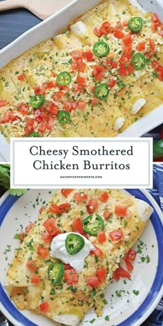 cheesy smothered chicken burritos with peppers and jalapenos