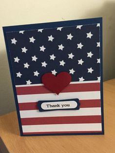 a thank you card with an american flag background and a heart on the front that says, thank you